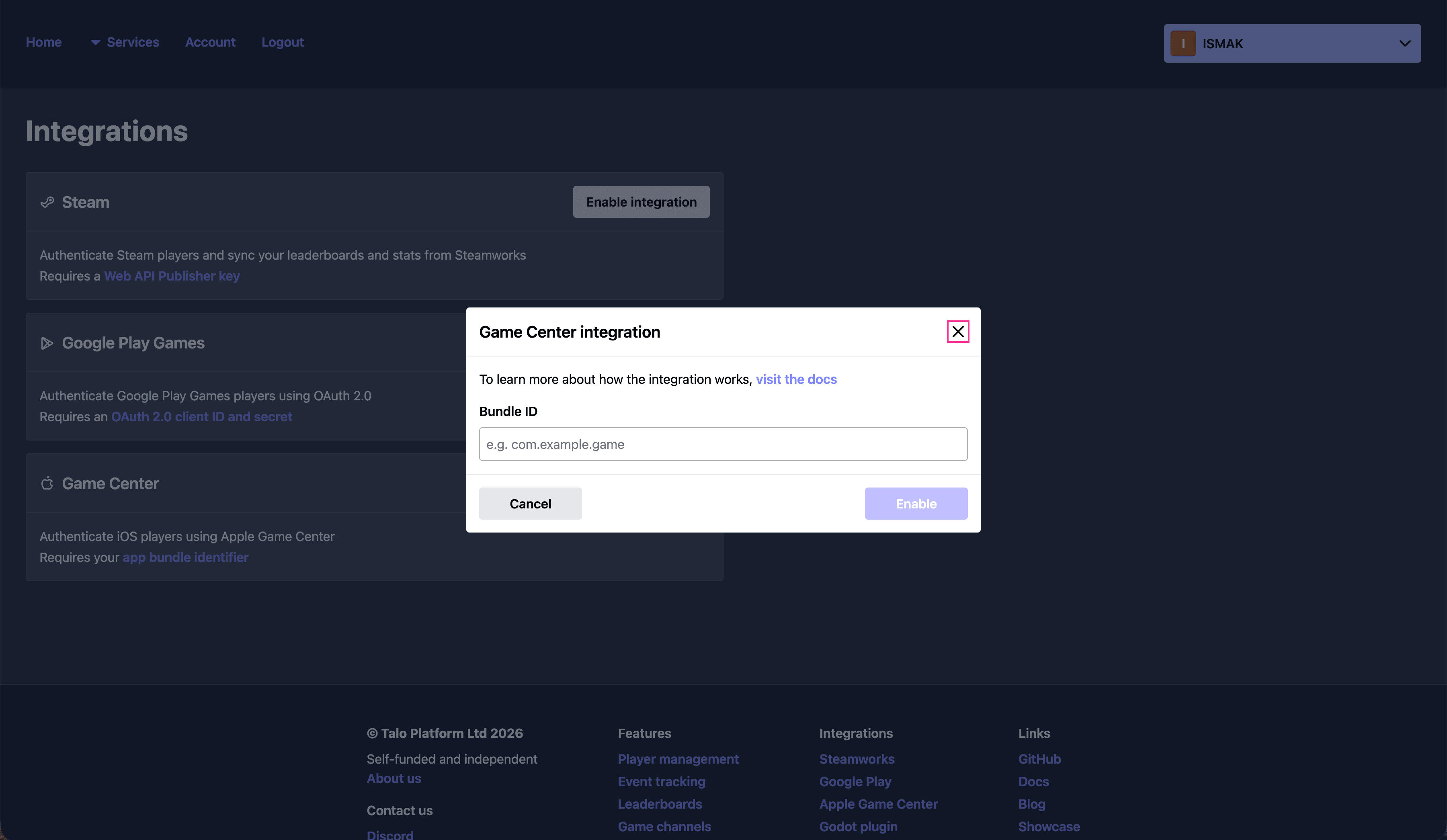 Integrate with Apple Game Center by providing your bundle identifier