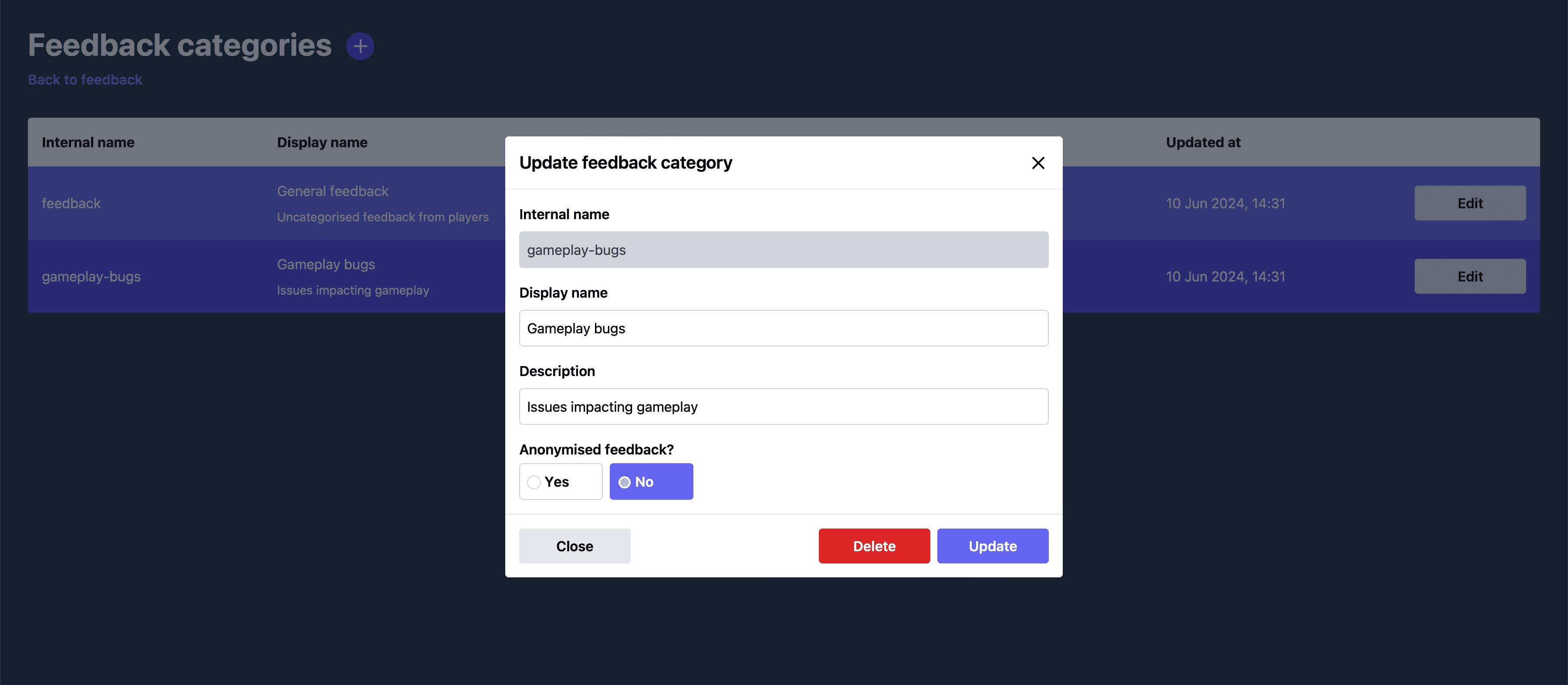 Configuring a feedback category by giving it a name, description and whether feedback is anonymous