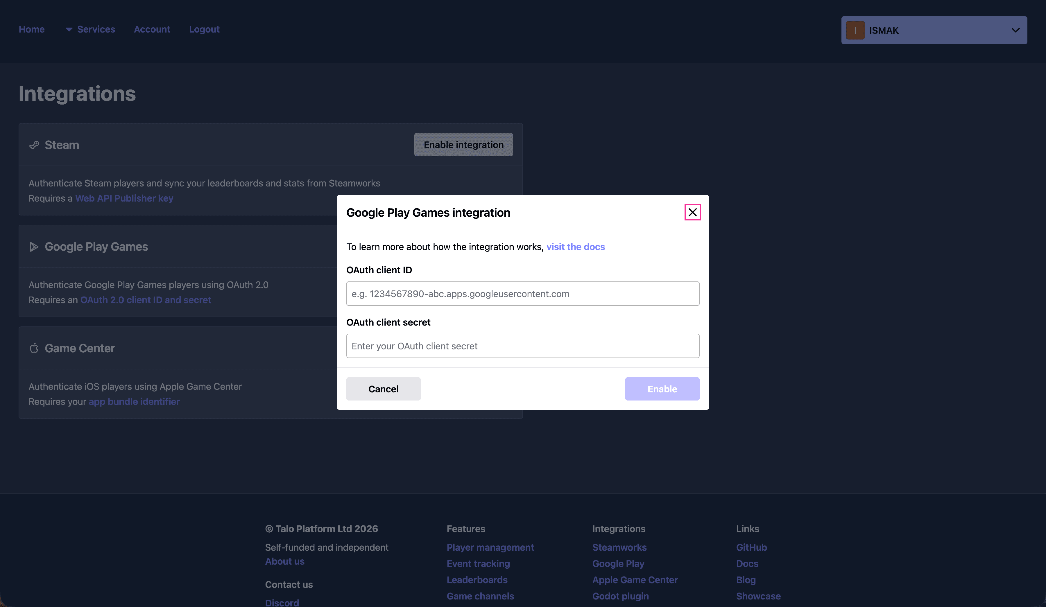 Integrate with Google Play Games by providing an OAuth client