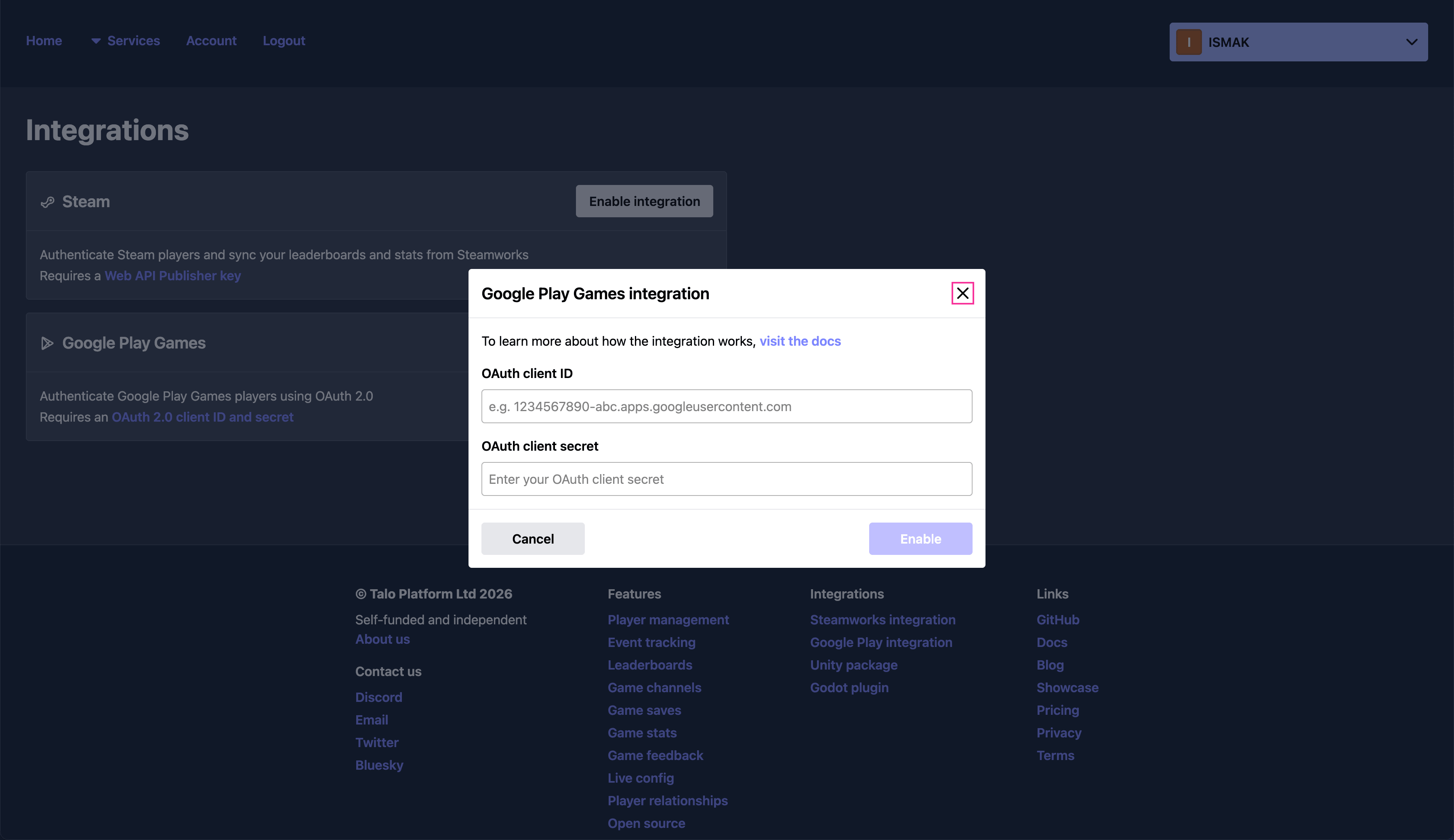 Integrate with Google Play Games by providing an OAuth client