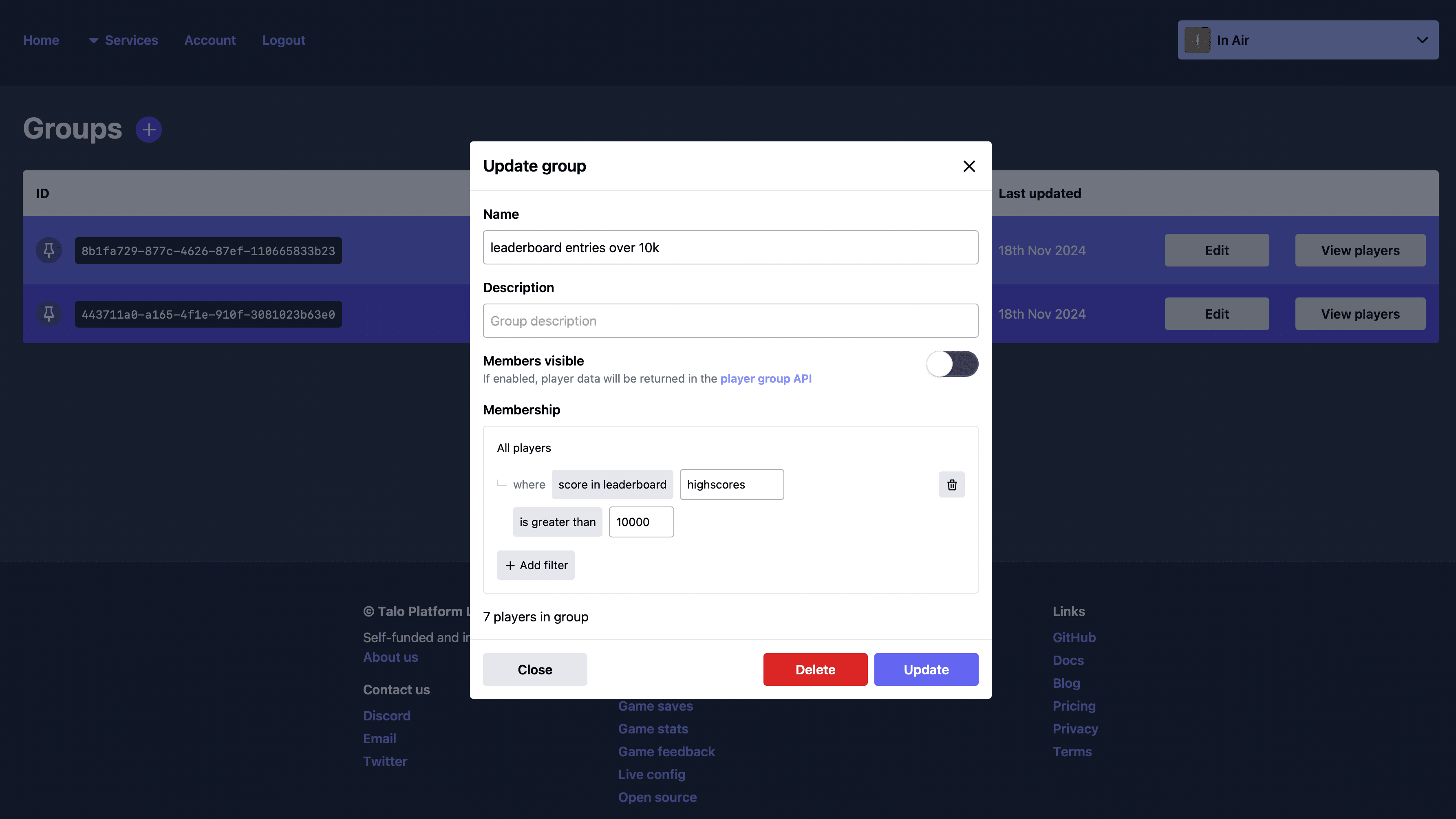 Creating a player group filtered by leaderboard scores
