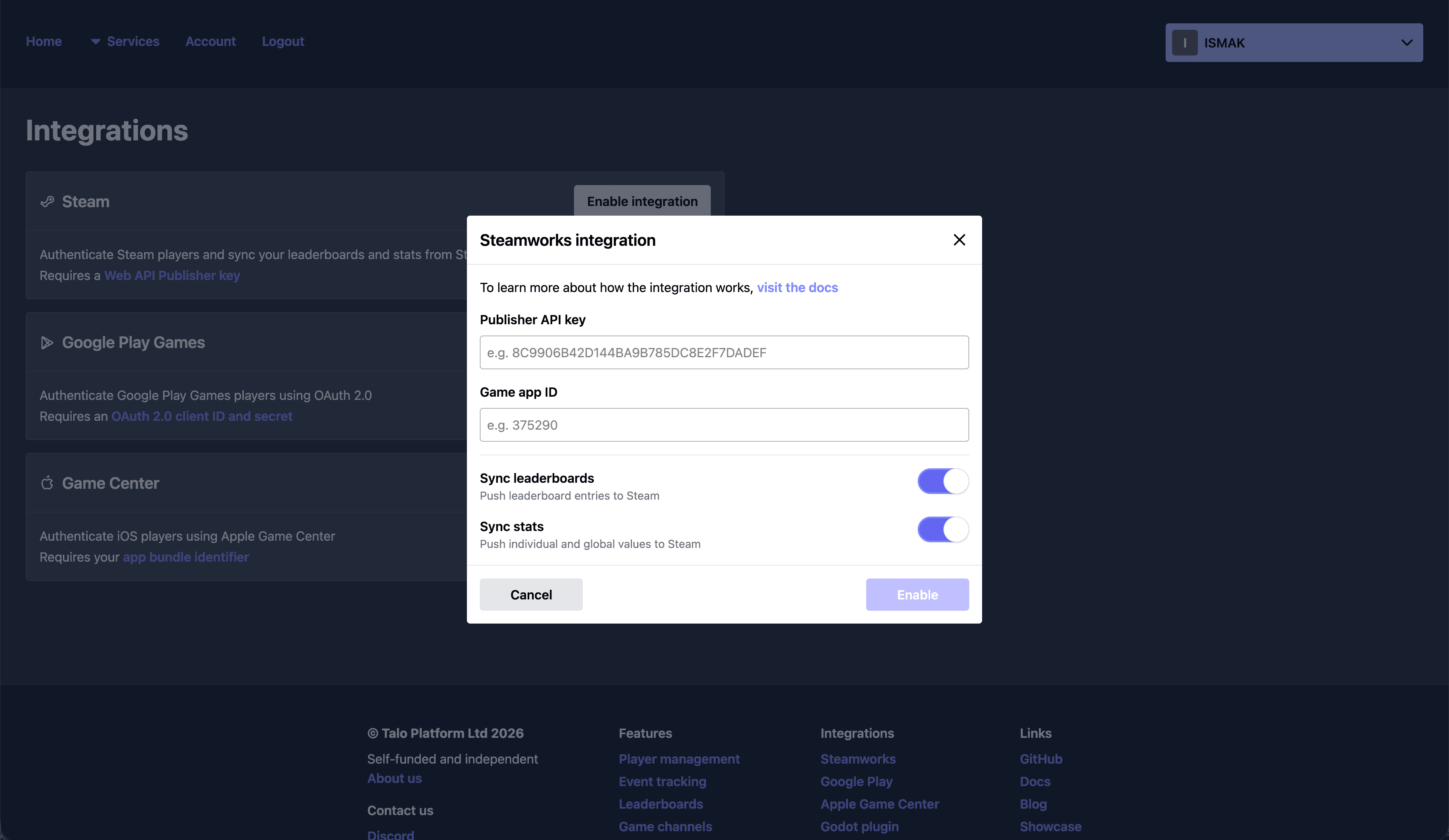 Integrate with Steamworks by simply providing your API key