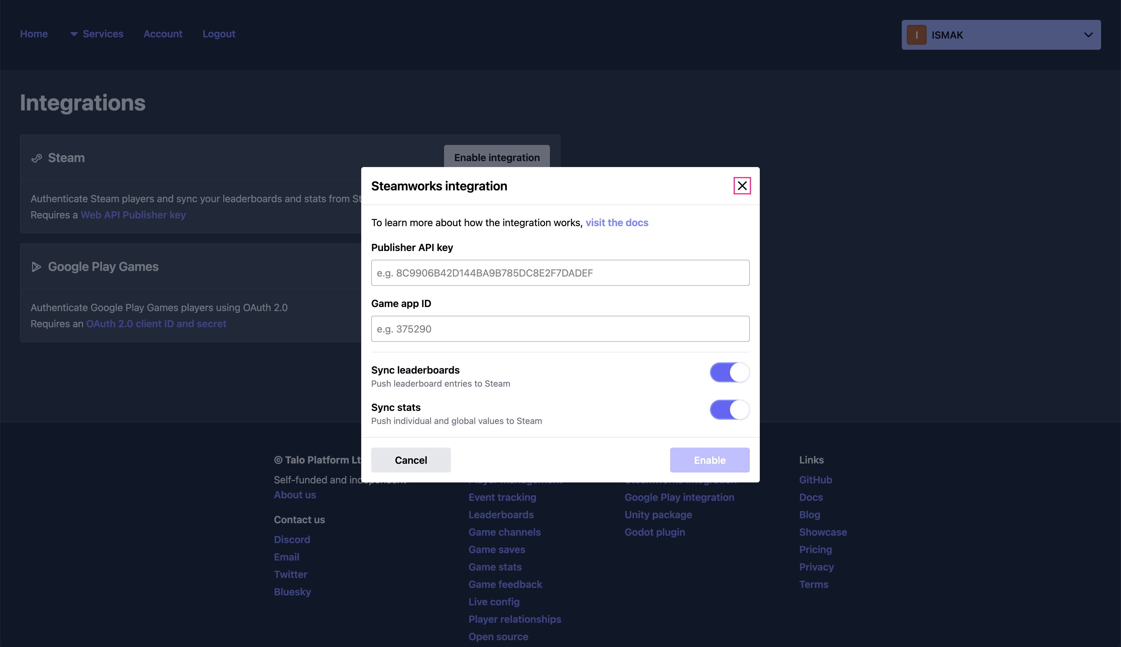 Integrate with Steamworks by simply providing your API key