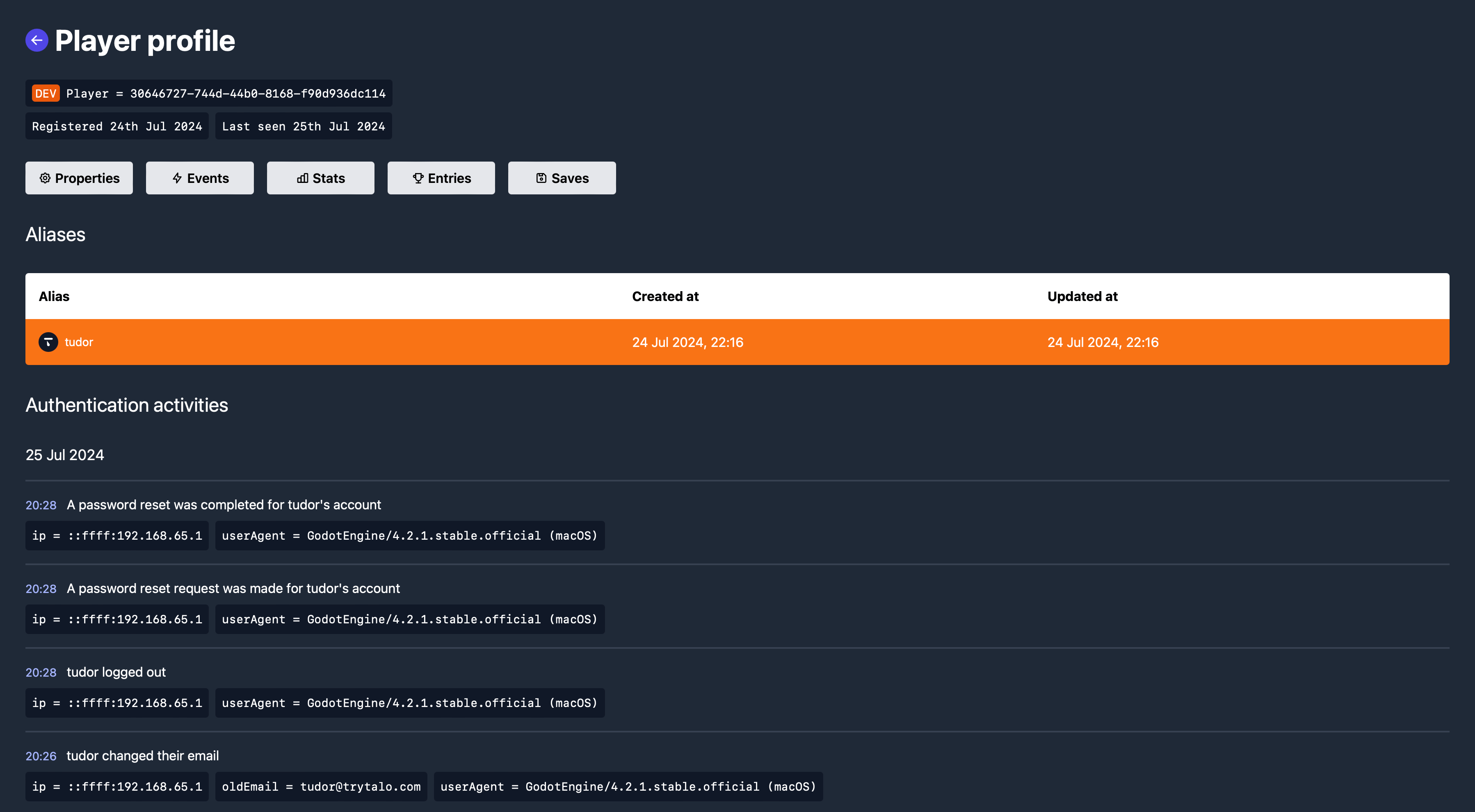 Audit logs in the Talo dashboard