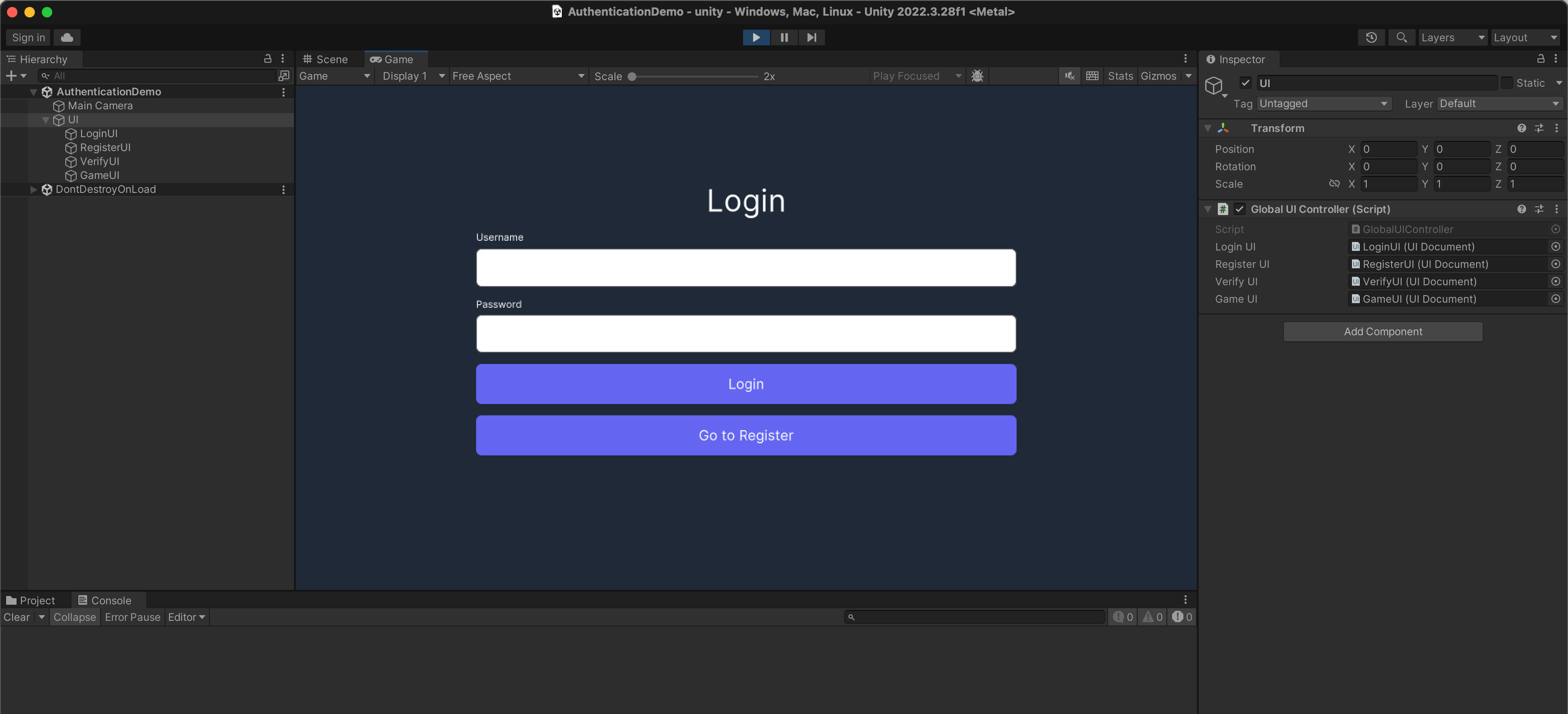 New authentication scene samples in the Unity editor