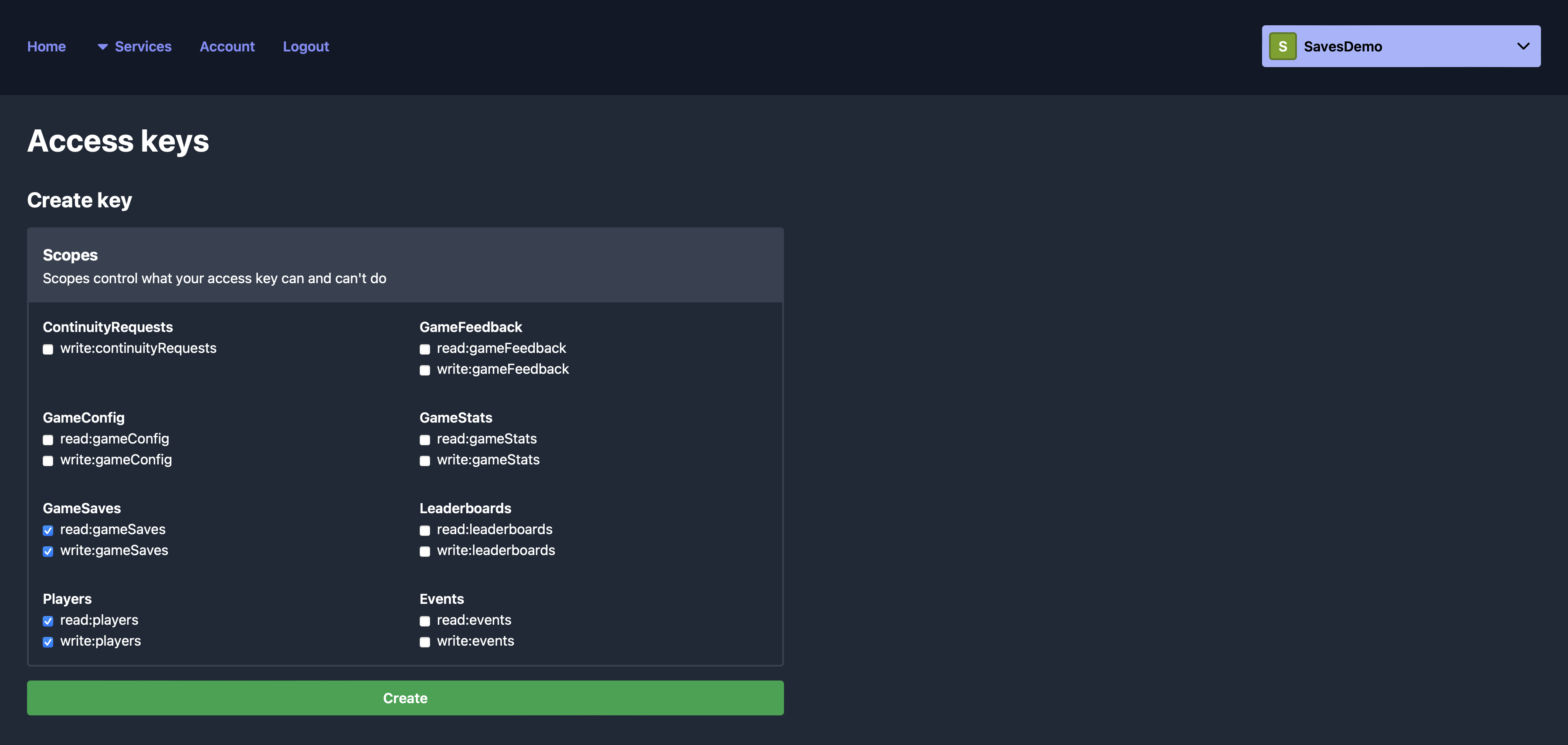 Creating a new access key in the Talo dashboard