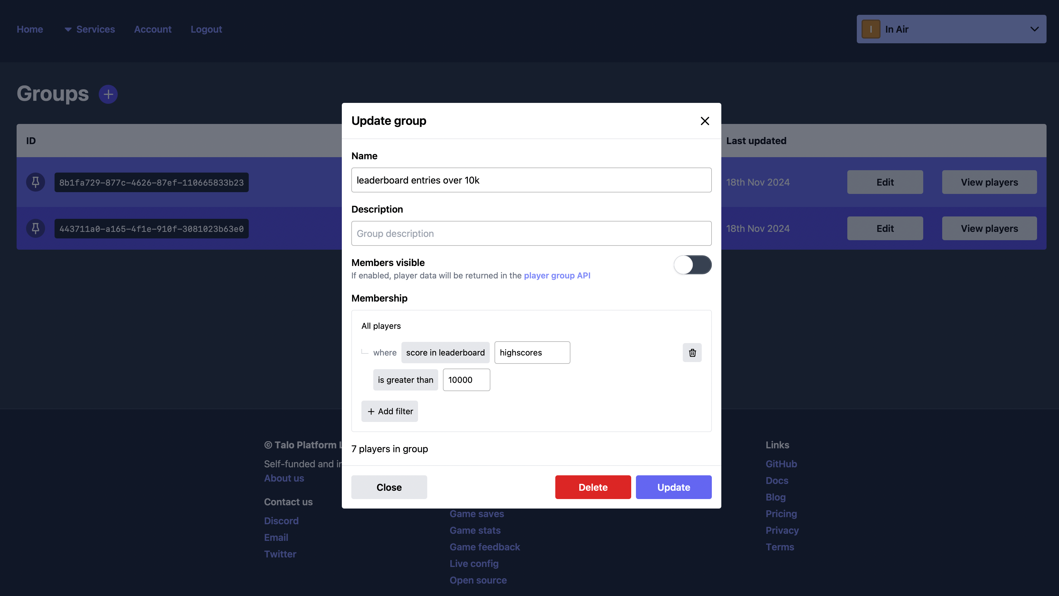 Talo player groups filtering on leaderboard scores