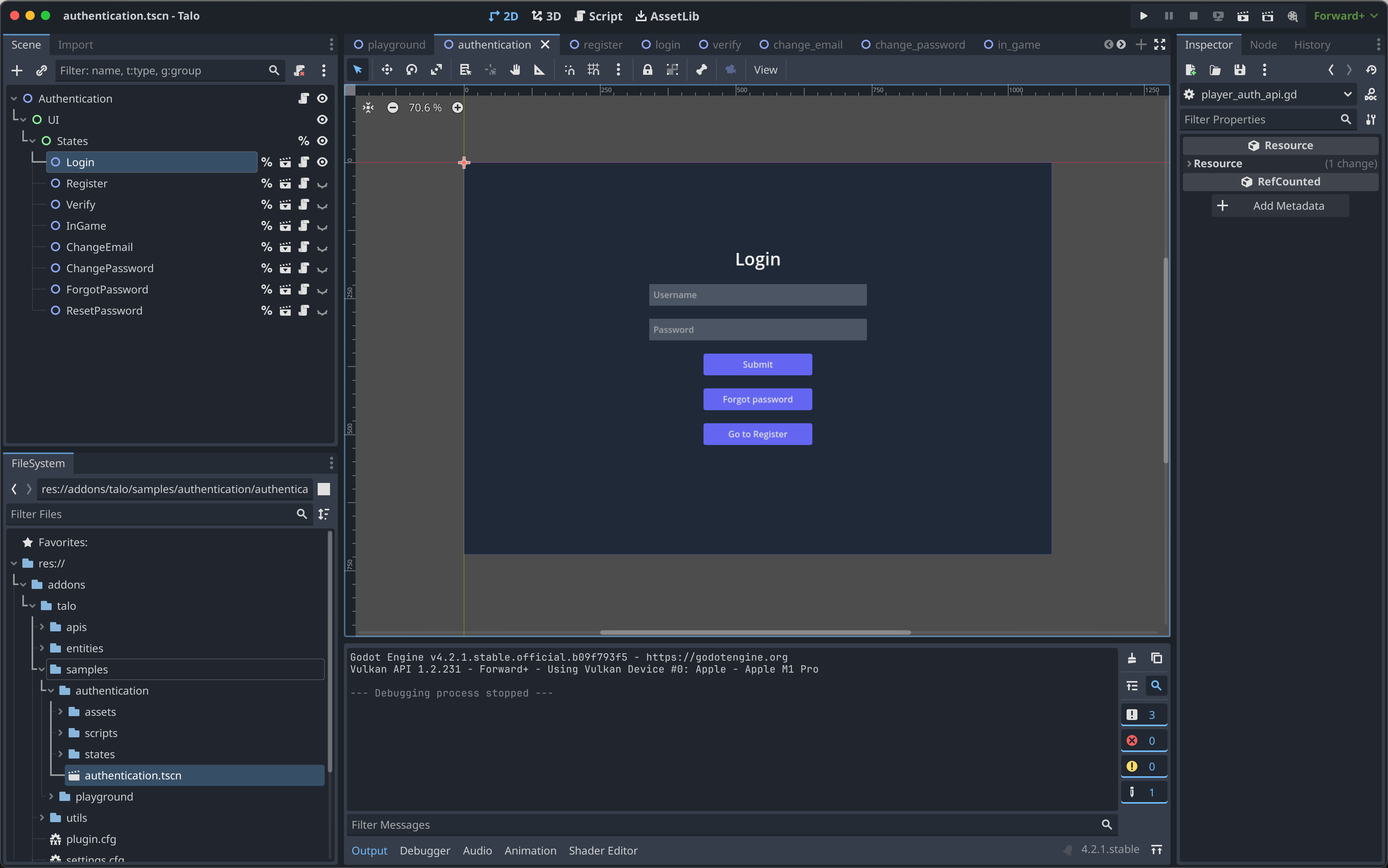 New authentication scene samples in the Godot editor