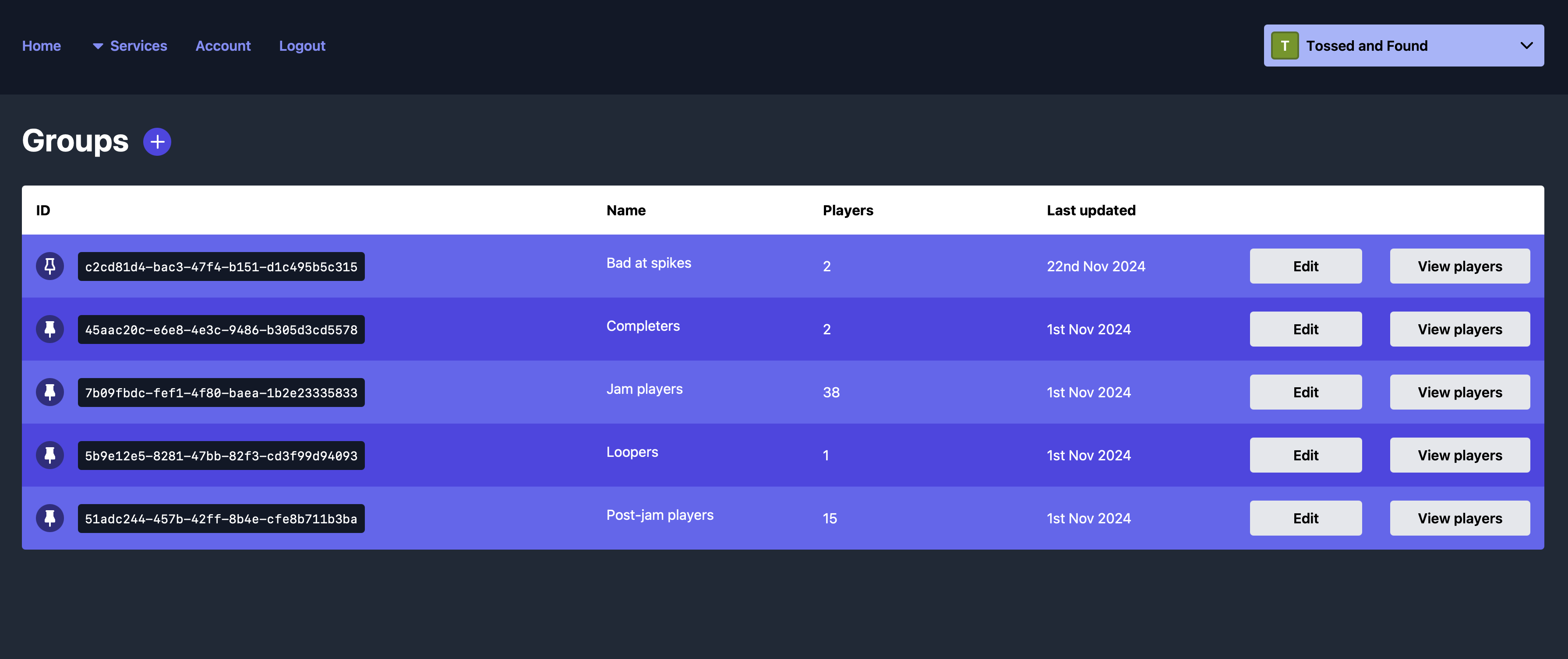 A list of player groups in the Talo dashboard