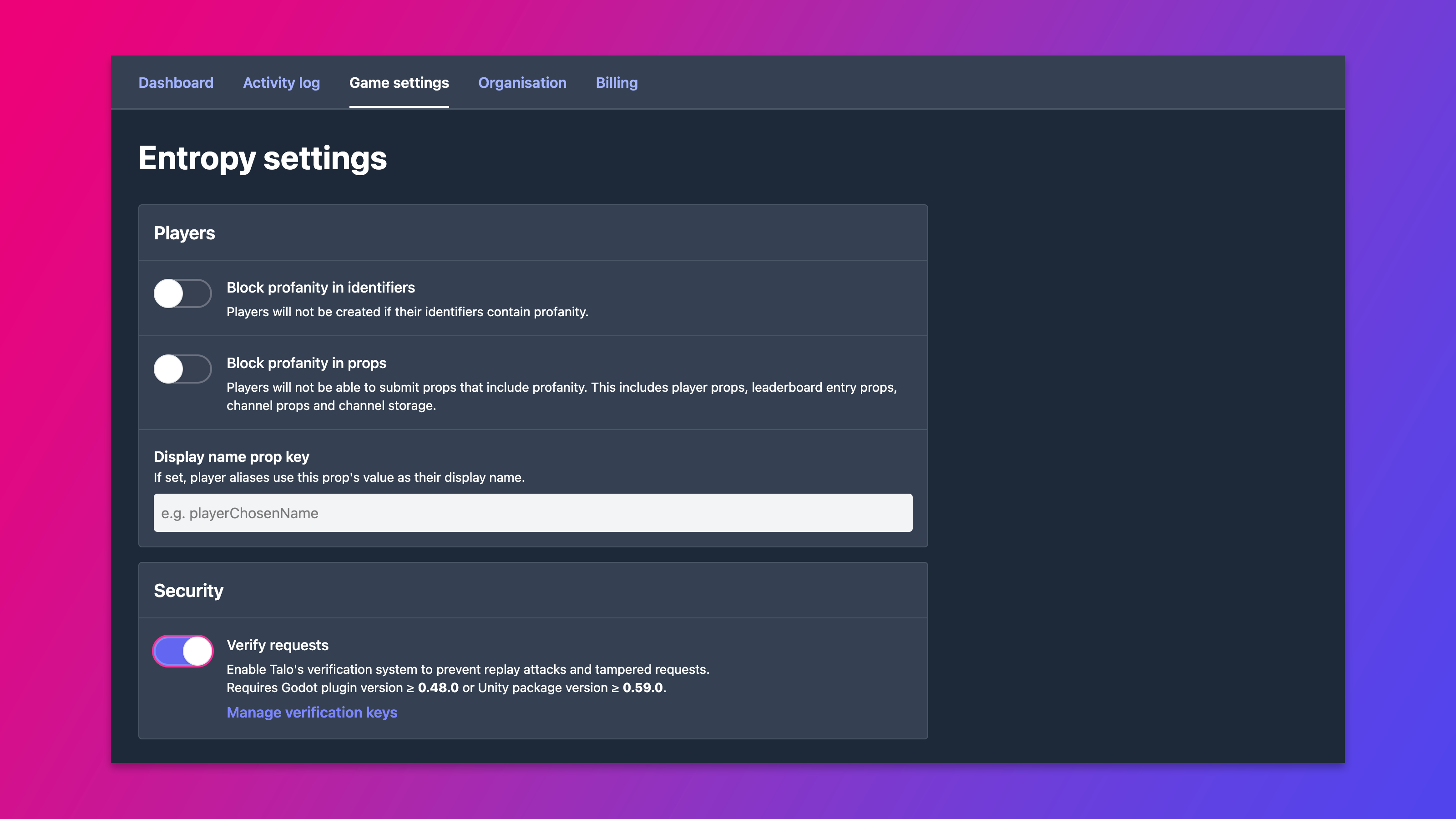 Request verification setting in the dashboard