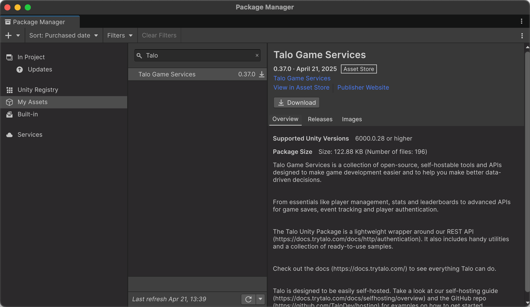 Adding Talo to a Unity project using the My Assets window